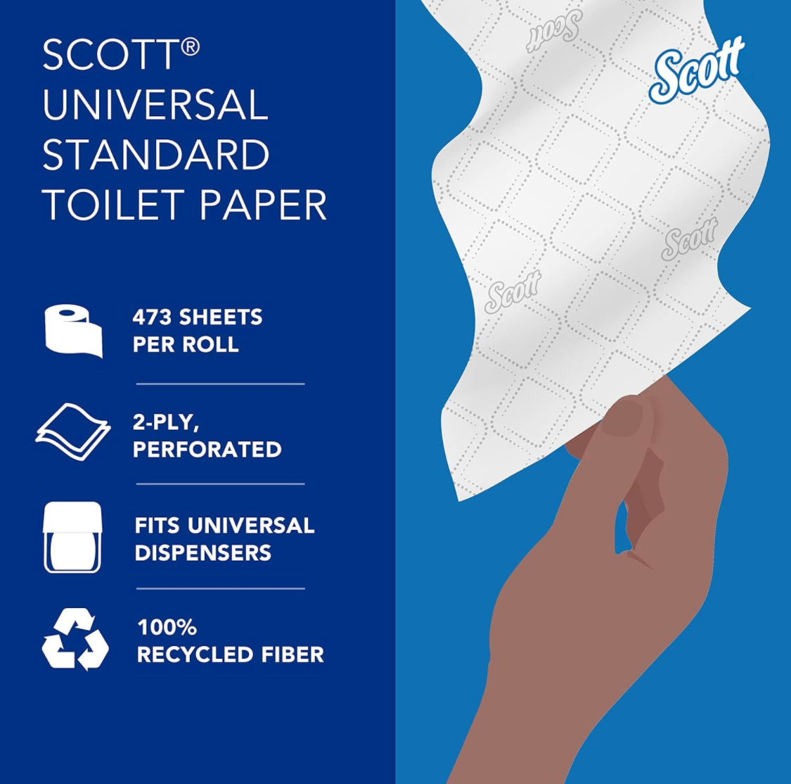 80 pack Scott® Professional 100% Recycled Fiber Standard Roll Toilet Paper (13217), with Elevated Design, 2-Ply, White, Individually wrapped rolls, 473 Count (Pack of 80), Total 37,840 Sheets