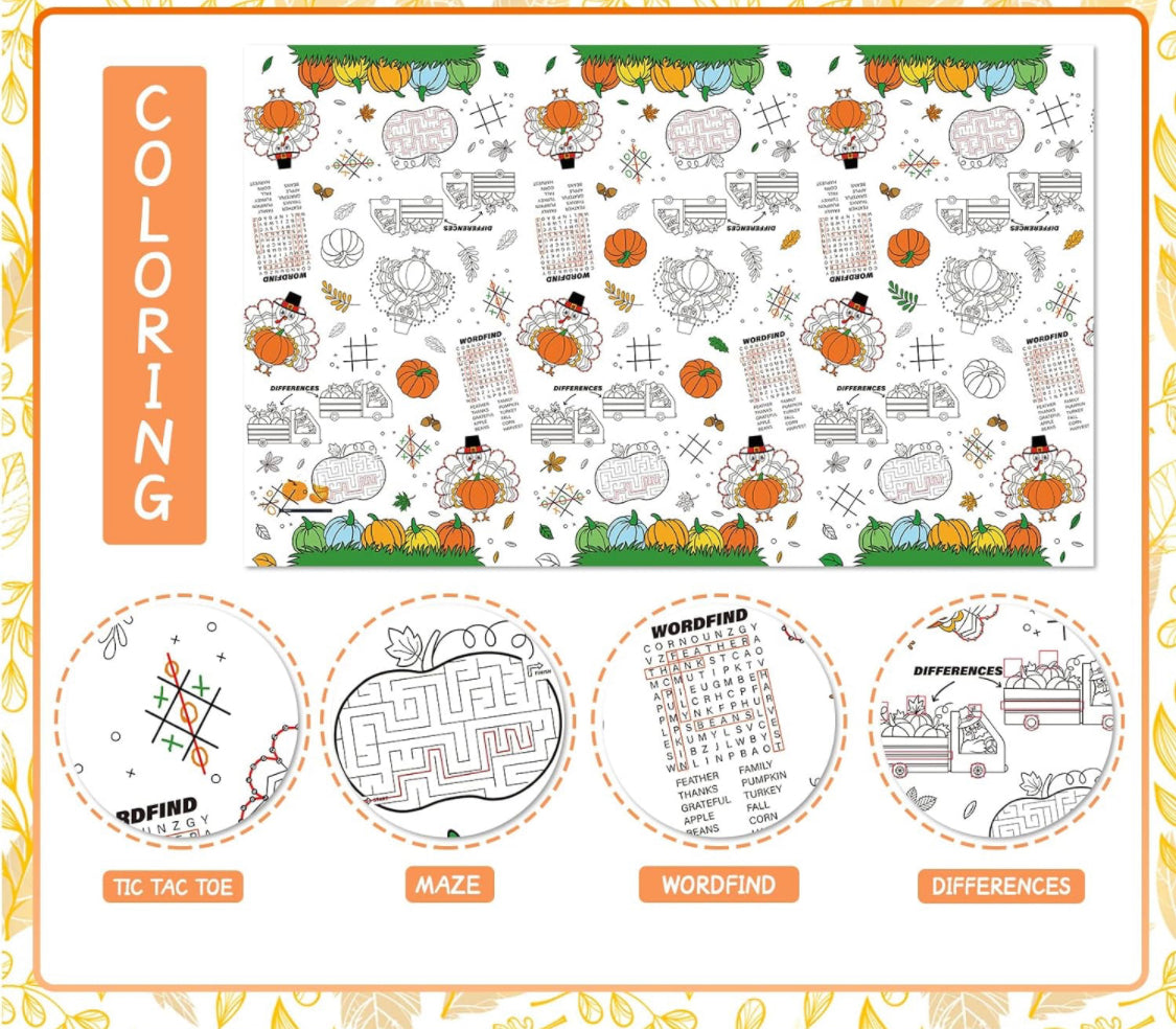 Gatherfun Disposable Fall Thanksgiving Color-in Paper Tablecloth Decoration，Turkey Thanksgiving Day Paper Table Cover for Autumn Children School Party Decor-54 x 88 in